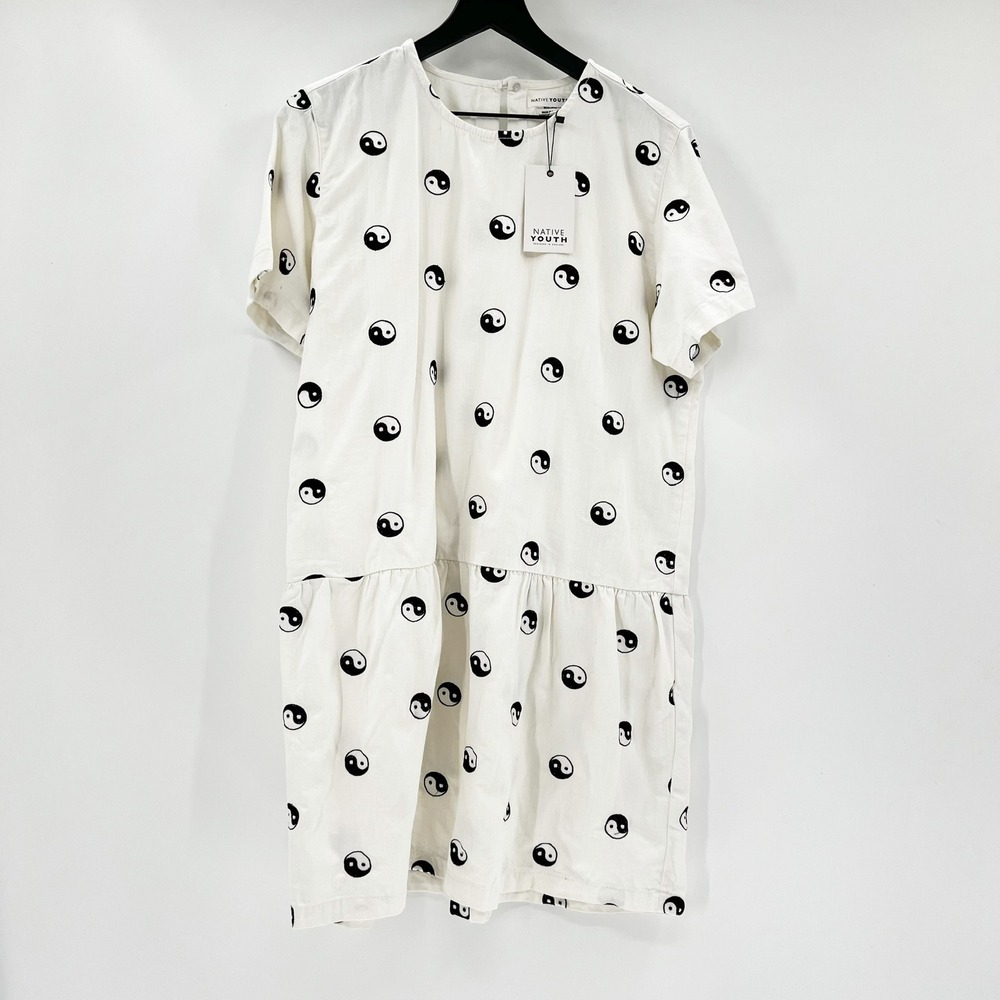 Native Youth Womens White Black Yin Yang Drop Waist Mini Dress Size Medium